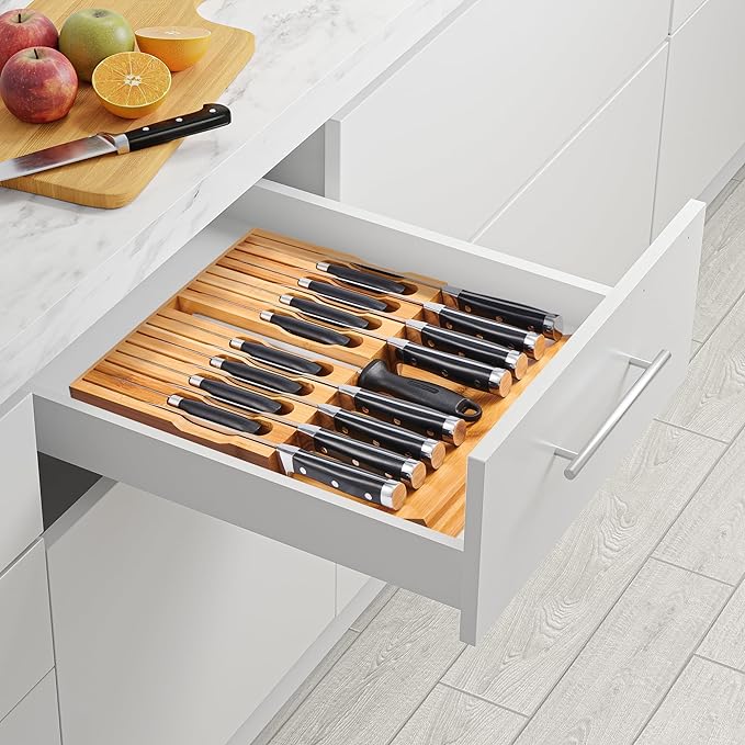 VaeFae In-Drawer Knife Block,Bamboo Knife Drawer Organizer Insert, Kitchen Knife Drawer Storage for 16 Knives PLUS a Slot for your Knife Sharpener (Without Knives)