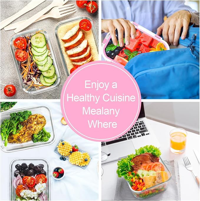 VERONES 10Pack Glass Meal Prep Containers, Airtight Glass Lunch Containers,Stackable Food Storage Containers Set with Lids,Exclusive of BPA, for Microwave,Oven, Freezer&Dishwasher Friendly,Pink