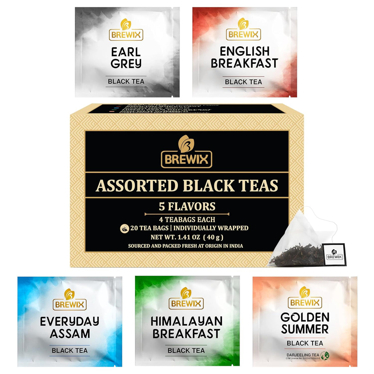 BREWIX Premium Assorted Black Tea Sampler Gift Box with 5 Flavors (20 Pyramid Indivdidually Wrapperd Tea Bags) | Tea Gift Set & Variety Pack | Gifts for Women & Men, Tea Set