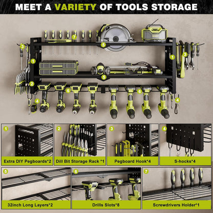 Power Tool Organizer Wall Mount,Cordless Drill Hanger Storage Rack 8 Drill Holder,3 Layers Heavy Duty Power Tool Storage Rack (Black)
