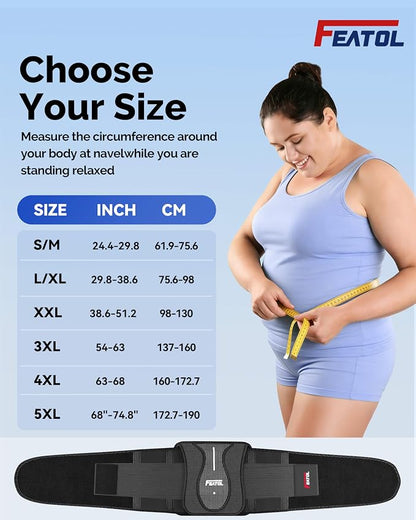 FEATOL Back Brace for Lower Back Pain Wide Coverage 360° Strong Lumbar Support with Removable Pad, Adjustable Waist Support Belt for Men Women, Size 4XL 63''-68.9''