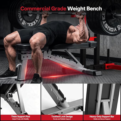 JOROTO FID Adjustable Weight Bench 1300LBS Capacity for Home Gym | Heavy Duty Workout Bench Press with Incline Decline Positions, 34'' Backrest and Wheels for Strength Training at Home Gym