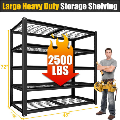 PrimeZone Heavy Duty Storage Shelves - 48" W X 18" D X 72" H Adjustable Garage Wire Shelving Unit, 5 Tier Industrial Metal Shelf Standing Utility Rack for Warehouse, Pantry, Basement, Black