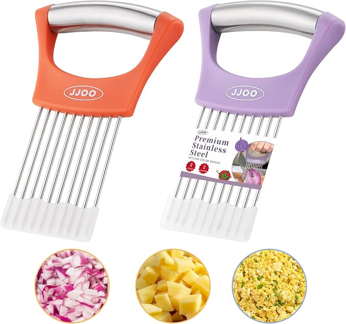 2PCS Onion Slicer Holder, JJOO Stainless Steel Onion Cutter for Slicing and Storage Onions, Tomato, Eggs and Vegetables, Protective Cover Included, Dishwasher Safe (Stylish orange+ Purple Color)