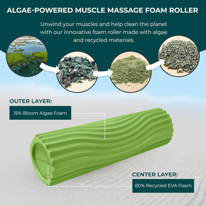 Oceanfoam Tidal Roller - Algae Green - Muscle Massage Foam Roller for Back Pain & Stretching - Firm and Ergonomic Wide Wave Textured - Yoga, Athletics, & Wellness - Full Size, 20" x 5"