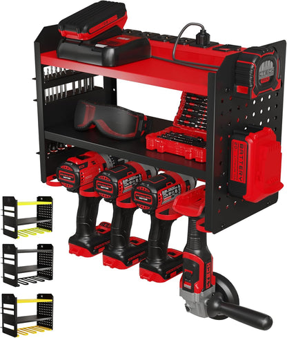 Power Tool Organizer Wall Mount - 3-Tier Heavy-Duty Metal Hand Tool Storage Rack, Utility Racks, Drill Holder, PegBoard Side, & More - Garage Storage Cordless Tool Organizer (Red)