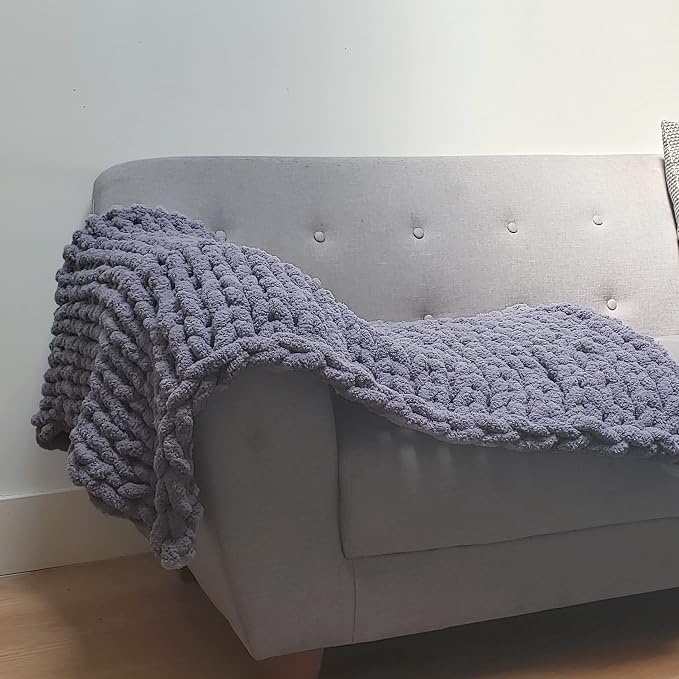 Adyrescia Chunky Knit Blanket Throw | 100% Hand Knit with Jumbo Chenille Yarn (30"x40", Lilac Gray)