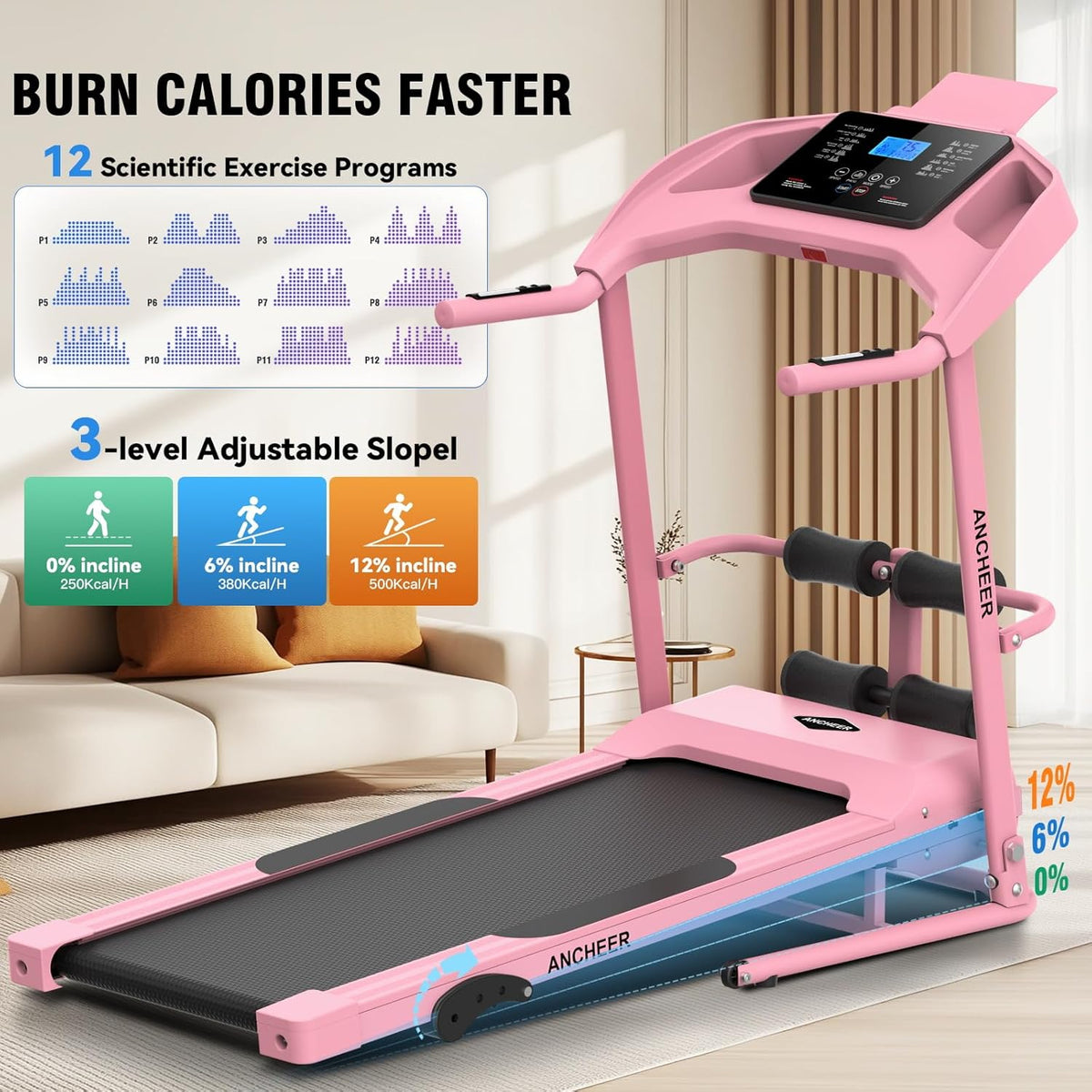 ANCHEER Foldable Treadmill with Sit Up Bench, 2025 Upgrade 3.5HP Portable Treadmills for Home with Incline 350 lbs Capacity, Smart LCD Display Body Fat& Heart Rate, Multifunction Exercise Equipment