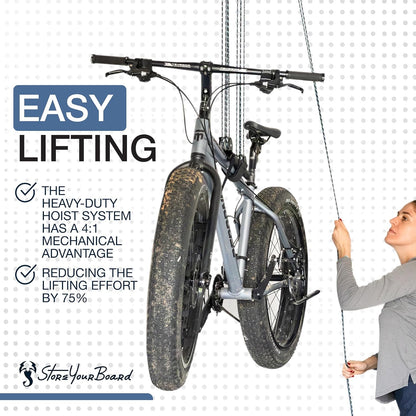 StoreYourBoard Bike Hoist, No-Slip Bicycle Ceiling Storage, Heavy-Duty Garage Pulley Lift System, Road, MTB, Fat Tire, Ebike Hanger