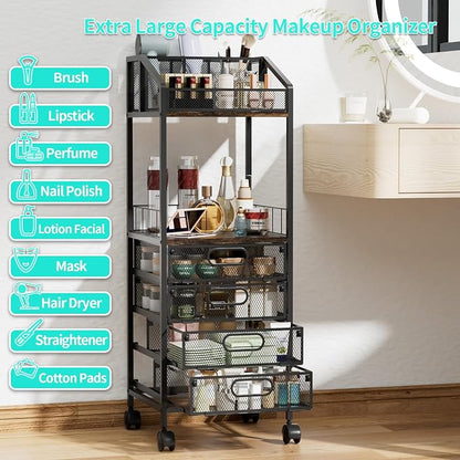 HapiRm Makeup Organizer Storage Cart - Floor Skincare Make Up Storage with 4 Drawers, Rolling Makeup Cart Vanity Organizer Cosmetics Display Cases Holder for Skin Care Perfume Nail Polish