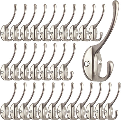 IBosins 30 Pack Heavy Duty Dual Coat Hooks Wall Mounted with 60 Screws Retro Double Hooks Utility Silvery Hooks for Coat, Scarf, Bag, Towel, Key, Cap, Cup, Hat