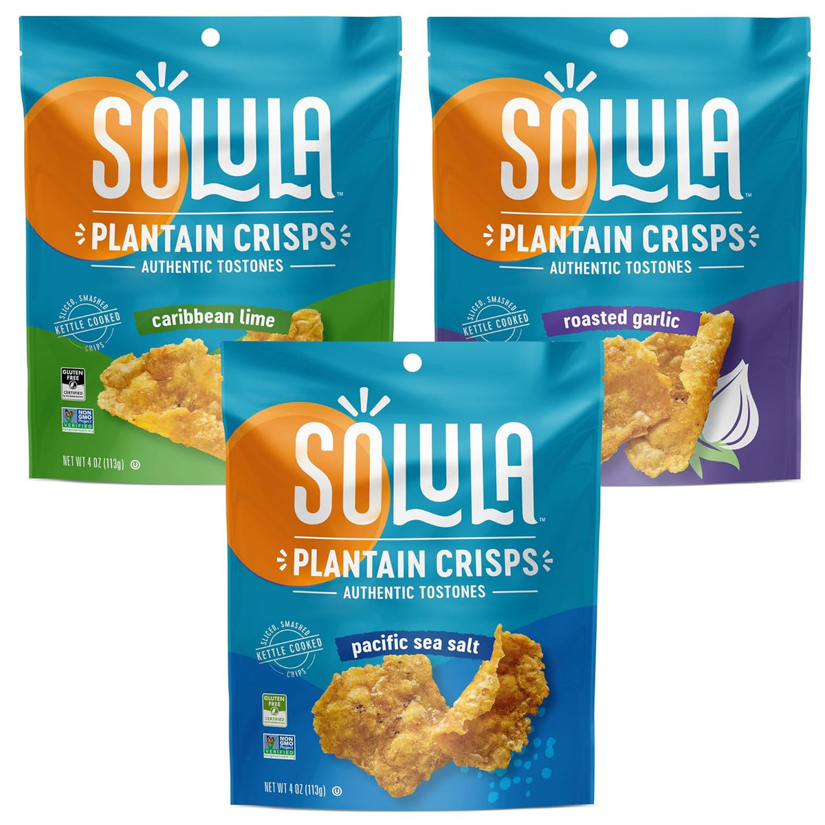 Solula Plantain Crisps Authentic Tostones, Variety Pack, 4 Ounce (Pack of 3), Pacific Sea Salt, Roasted Garlic and Caribbean Lime, Kettle Cooked Chips, Gluten Free, Paleo Friendly, Grain Free, Vegan