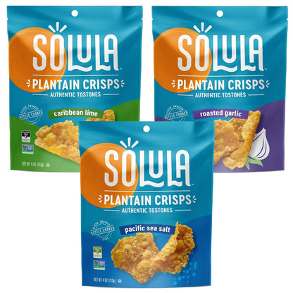 Solula Plantain Crisps Authentic Tostones, Variety Pack, 4 Ounce (Pack of 3), Pacific Sea Salt, Roasted Garlic and Caribbean Lime, Kettle Cooked Chips, Gluten Free, Paleo Friendly, Grain Free, Vegan