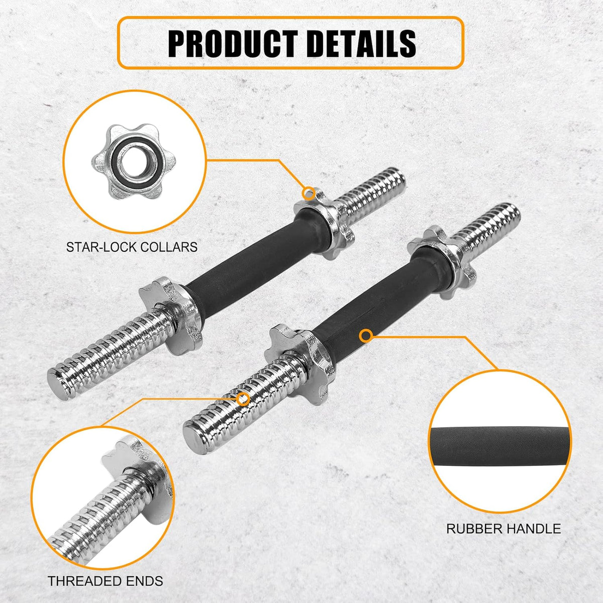 Threaded Dumbbell Rubber/Chrome Handles 1 Inch Pair, Adjustable Dumbbell Bar Handles, Fits Standard Weight Plates with 1” Diameter, for Gym Workouts, Exercise, Weightlifting, Sold in Pair