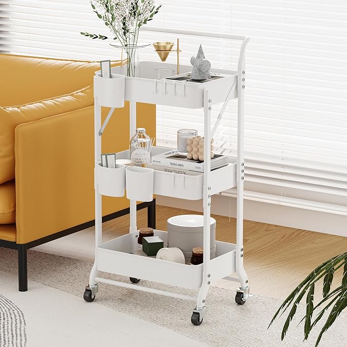 3-Tier Folding Rolling Utility Cart with Wheels, Foldable Storage Cart Organizer with 3 Hanging Cups & 6 Hooks for Kitchen, Office, Living Room, Nursery(White)