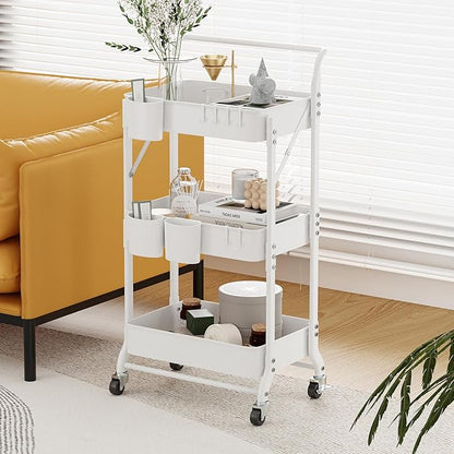 3-Tier Folding Rolling Utility Cart with Wheels, Foldable Storage Cart Organizer with 3 Hanging Cups & 6 Hooks for Kitchen, Office, Living Room, Nursery(White)