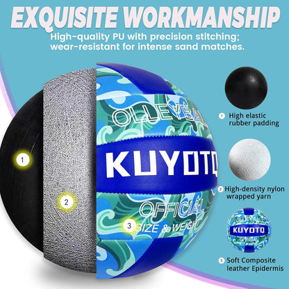 KUYOTQ Official Size 5 in&Outdoor Beach Volleyball,3MM Thickened Surface Soft Leather Youth Womens Mens Volleyball for Game Gym Training(Deflated) (Blue-Wave)