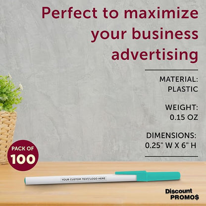 DISCOUNT PROMOS Custom Value Stick Pens Set of 100, Personalized Bulk Pack - Black Ink, Great for Office, School, Business, Tradeshows, Events - Teal