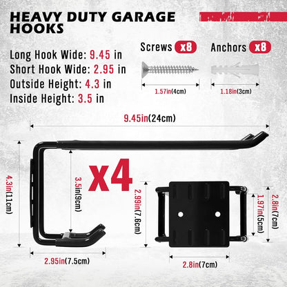 4-Piece 9.4" Heavy Duty Garage Hooks, Sturdy Utility Hooks Holds 55 LB Wall Mount Garden Tool Organizer Hangers for Hanging Shovel Ladder Chairs Strollers Power Tool Tire and More (Black)