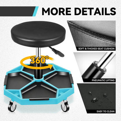 Auto Dynasty Mechanic Stool, Adjustable Rolling Pneumatic Creeper Garage Shop Seat with Tool Tray, 300 LBS Roller Seat for Workshop Auto Repair, Adjustable Height 15.7" to 21", Sky Blue