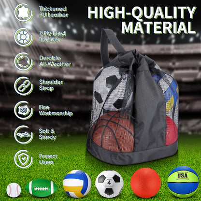 Realspring 6 Pcs Multi Sport Ball Set for Kid Teen Operation Christmas Official Size Football, Basketball, Soccer, Volleyball, Playground Ball, Baseball with Sports Equipment Bag Pump