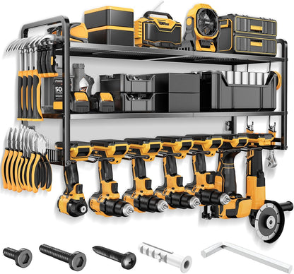 LBT Power Tool Organizer Wall Mount - 3 Layer Heavy Duty Tool Storage Rack with 7 Cordless Drill Holders, Loads 160Lbs Utility Rack for Garage, Workshop, Shed - Cool Gifts for Men, Dad, Husband