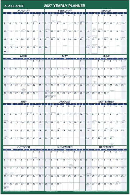 AT-A-GLANCE 2027 Erasable Calendar, Dry Erase Wall Planner, 24" x 36", Vertical, Reversible (PM2102827)