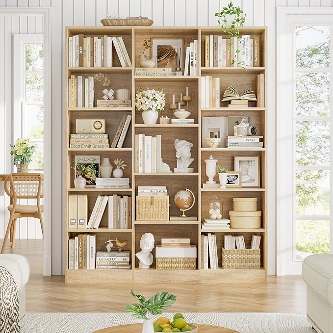 FACBOTALL Triple Wide Bookshelf, 6 Tier Large Bookshelf, Bookcase with 17 Open Display Shelves, 74'' Tall Bookcases and Bookshelves for Living Room, Home Office, Library, Light Oak