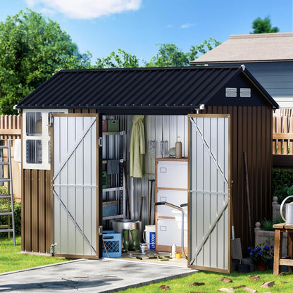 8X6FT Outdoor Steel Storage Shed with Lockable Doors, Frame Floor (No Wood/Other Boards),One Window,Ideal for Garden, Backyard, Patio Storage,Brown
