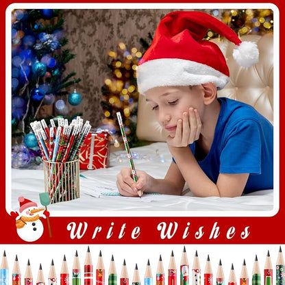 Yexiya 48 Pcs Christmas Pencils Wood with Erasers 12 Designs Bulk