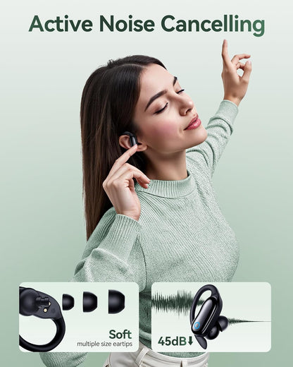 GNMN Active Noise Cancelling Ear Buds Wireless Earbuds 96hrs Playback Bluetooth Headphones IPX7 Waterproof Stereo Bass Over-Ear Earphones with Earhooks Microphone LED Battery Display for Sports/Gym