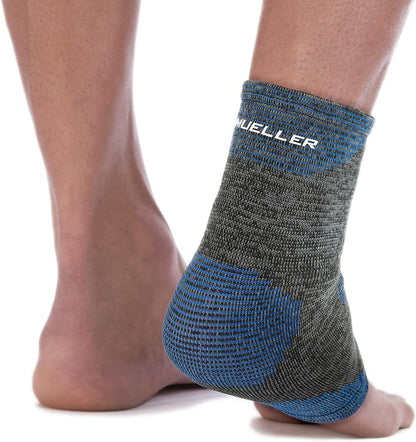 Mueller Sports Medicine FIR 4-Way Ankle Support Sleeve, Ankle Pain Relief Support for Men and Women, Ideal for Sprains, Strains, Arthritis, Black/Blue