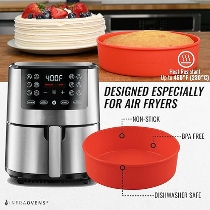 Air Fryer Silicone Baking Set, 7.5” Cake Pan, Muffin Cups, Scraper & Cheat Sheet – Non-Stick, BPA-Free Bakeware for Instant Vortex, Cosori, Ninja, PowerXL Grill, Chefman & More by INFRAOVENS