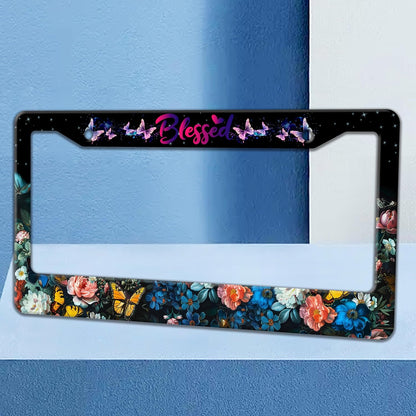 Blessed License Plate Frame Beautiful Butterfly Flowers License Plate Holders Funny Stainless Steel Auto Accessory Bracket 2 Hole with Screws Universal Us Car License Plate Frames 6x12 Inch