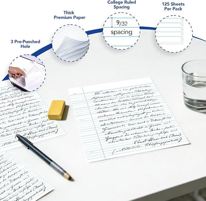 Kaisa Notebook Paper USA-Made Loose Leaf Paper, 24 Pack 3600 Sheets 8"x10.5" College Ruled - 3-Hole Punched Bulk Filler Paper for 3-Ring Binder, 150 Sheets/Pack, Wholesale Available(24Pack-college)