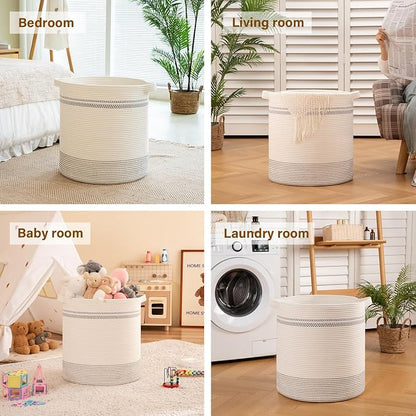 OIAHOMY 80L Laundry Basket, Laundry Hamper, Cotton Rope Storage Basket with Handles, Decorative Woven Basket for Living Room,Storage Baskets for Clothes, Blankets, and Toys -20''×18'', White&Gray