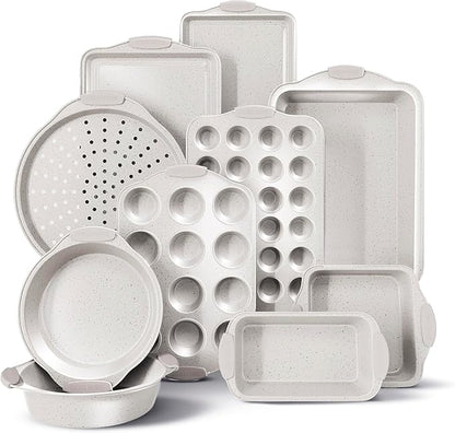 Country Kitchen Nonstick Stackable Bakeware Set - Heavy Duty, Durable, Easy Release Baking Set, Cream, 10 Pcs