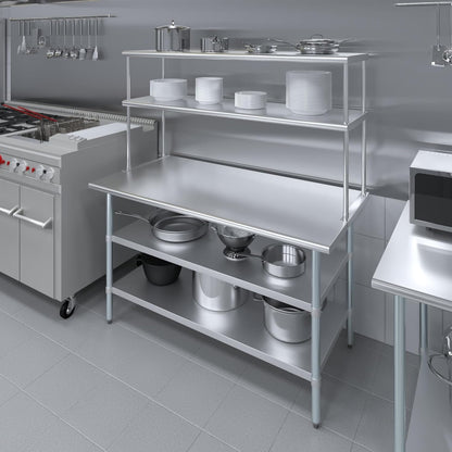 Amgood Stainless Steel Work Table with 2 Shelves | Metal Kitchen Prep Table & Shelving Combo (30" x 60" Table with 2 Shelves + 18" Overshelf)