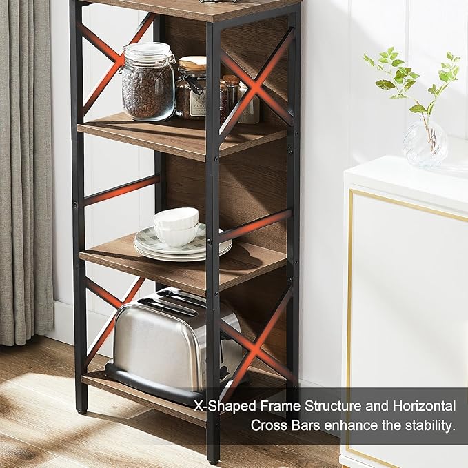 MNEETRUNG Small Bookshelf,4 Tier Industrial Bookcase with Metal Frame and Backboard,Narrow Rustic Brown Book Shelf,Book case for Small Spaces,Living Room,Bedroom and Home Office