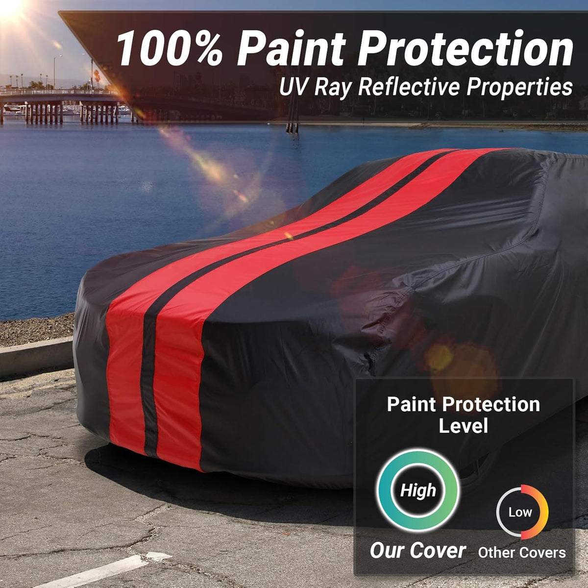 iCarCover Custom Car Cover for Pontiac Lemans 4-Door (1973-1977) Waterproof All-Weather Rain Snow UV Sun Protector Full Exterior Indoor Outdoor Car Cover (Stripe - Black/Red)