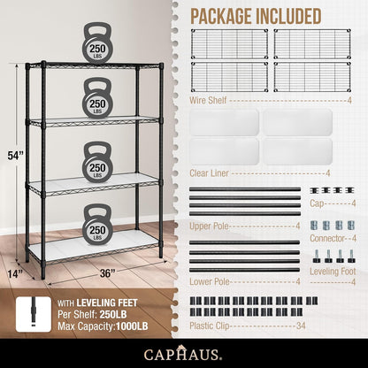 CAPHAUS NSF Adjustable Height Wire Shelving Unit w/Liner, Basement Storage Shelving, Metal Steel Storage Shelves, Garage Shelving Storage Organizer, Utility Shelf, 4-Tier No Wheels W/Liners, Black