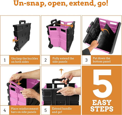 Inspired Living Ultra-Slim Rolling Collapsible Storage Pack-N-Roll Utility-carts, with Telescopic Handle, for Home, Garden, Shopping, Office, School use, Medium, Pink & Black