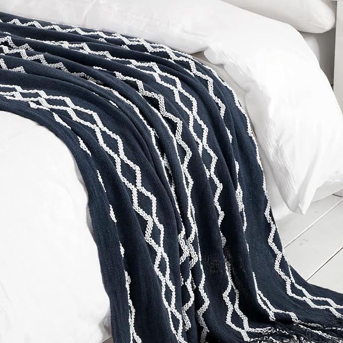 BOURINA Fluffy Chenille Knitted Fringe Throw Blanket Lightweight Soft Cozy for Bed Sofa Chair Throw Blankets, Navy 50" x 60"