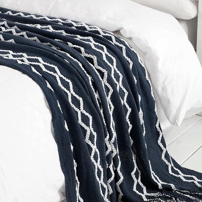BOURINA Fluffy Chenille Knitted Fringe Throw Blanket Lightweight Soft Cozy for Bed Sofa Chair Throw Blankets, Navy 50" x 60"