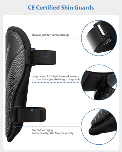 Shin Guards Soccer Kids Youth, CE Certified Airsfish Shin Guard Protection Gear for 2-18 Years Old Boys Girls Teenagers High Impact Resistant Breathable Comfortable 1 Pair 4 Sizes