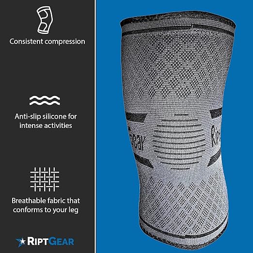 RiptGear Knee Compression Sleeve - 2 Pack - Braces for Knee Pain - Compression for Arthritis, Meniscus Tear, Running - Support for Women and Men - Sleeves Weightlifting (Large, Gray (2 Pack))