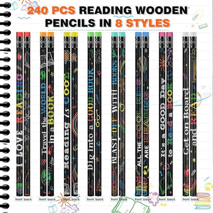 Pasimy 240 Pcs Reading Motivational Pencils Bulk Black Novelty Wooden Pencils with Eraser Classroom Inspirational Pen with Sayings for Kids Student Teacher School Reward Gifts Stationery Party
