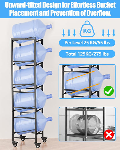 5 Gallon Water Jug Holder, Movable 5 Tier Heavy Duty Water Rack with 4 Wheels, Rack for Water Jug Storage, Space Saving Water Stand for Five 5 Gallon Water Jugs, Black