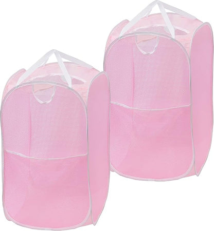 Simple Houseware Mesh Pop-Up Laundry Hamper Basket With Side Pocket, Pink - 2 Pack
