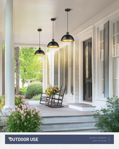 kudos Outdoor Pendant Light, 12" Large 1-Light Hanging Porch Lights, Black Outside Chandelier for Porch Gazebo Patio Entryway, KDOPL03-BK-S